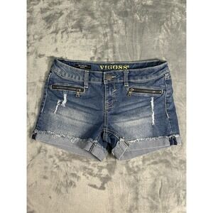 Vigoss Women Blue Denim Distressed Zipper Pockets Cuffed Shorts Size 12